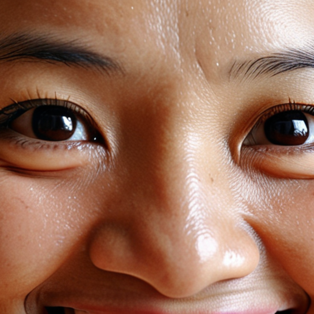** Close-up on a Malaysian woman giving a warm, genuine smile. Wrinkles around her eyes (crow's feet) are visible. Soft, natural lighting. Focus on the sincerity of the smile.

**
