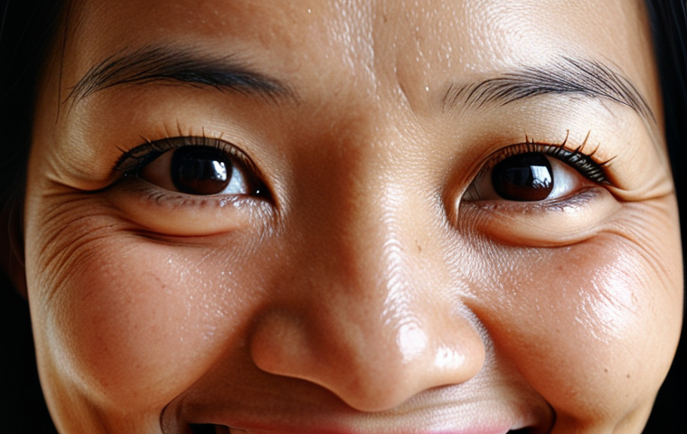 ** Close-up on a Malaysian woman giving a warm, genuine smile. Wrinkles around her eyes (crow's feet) are visible. Soft, natural lighting. Focus on the sincerity of the smile.

**