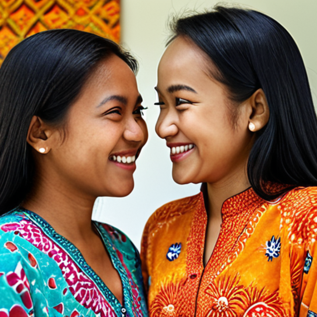 **Image Prompt:** Two Malay women looking at each other, one smiling warmly with genuine happiness in her eyes, the other looking back with a reassuring and supportive gaze. Background: a vibrant, colourful batik design. Style: warm, inviting, realistic. Focus: the connection and unspoken understanding between the friends.