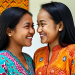 **Image Prompt:** Two Malay women looking at each other, one smiling warmly with genuine happiness in her eyes, the other looking back with a reassuring and supportive gaze. Background: a vibrant, colourful batik design. Style: warm, inviting, realistic. Focus: the connection and unspoken understanding between the friends.