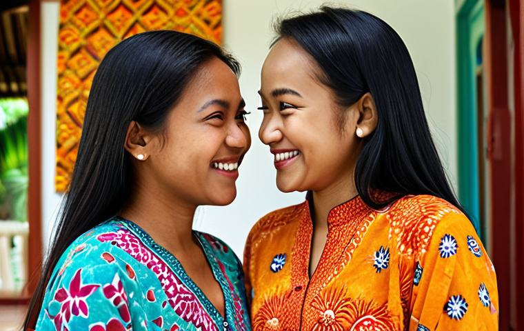 **Image Prompt:** Two Malay women looking at each other, one smiling warmly with genuine happiness in her eyes, the other looking back with a reassuring and supportive gaze. Background: a vibrant, colourful batik design. Style: warm, inviting, realistic. Focus: the connection and unspoken understanding between the friends.