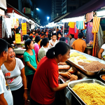 **A bustling Malaysian marketplace:** Capture the vibrant energy of a "pasar malam" (night market) filled with people, colorful stalls selling food and goods, and steam rising from various street food vendors. Focus on the expressions of joy and excitement on people's faces as they interact and enjoy the lively atmosphere.