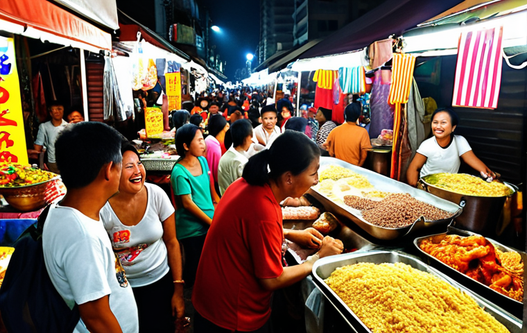 **A bustling Malaysian marketplace:** Capture the vibrant energy of a "pasar malam" (night market) filled with people, colorful stalls selling food and goods, and steam rising from various street food vendors. Focus on the expressions of joy and excitement on people's faces as they interact and enjoy the lively atmosphere.